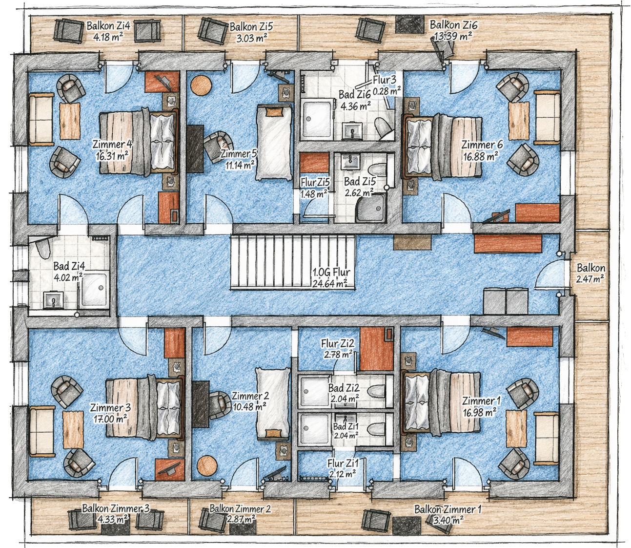 Grundriss 1. Obergeschoss farbig